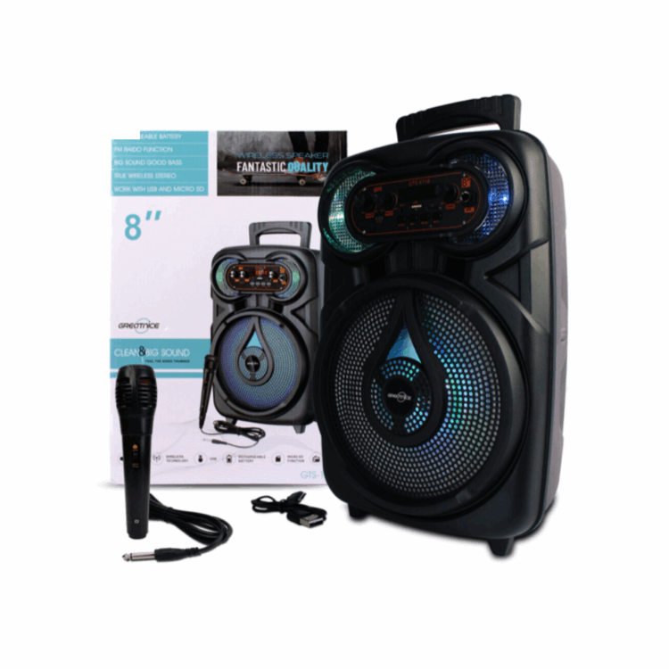 Bocina Bluetooth de 8″ con Micrófono, Luces LED RGB, Radio FM y Puertos USB y SD GTS1718