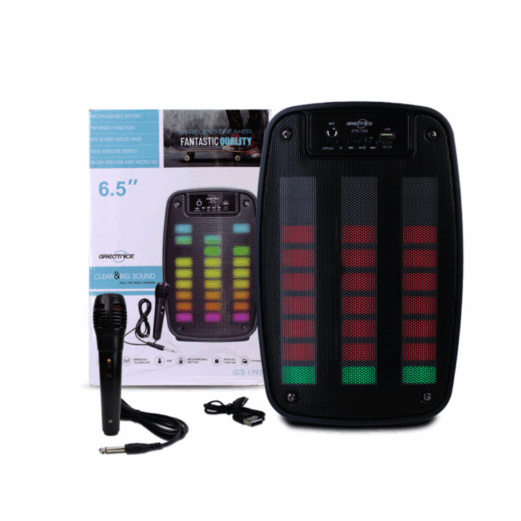 Bocina Bluetooth de 6.5″ con Micrófono, Luces LED RGB, Radio FM y Puertos USB y SD GTS1793
